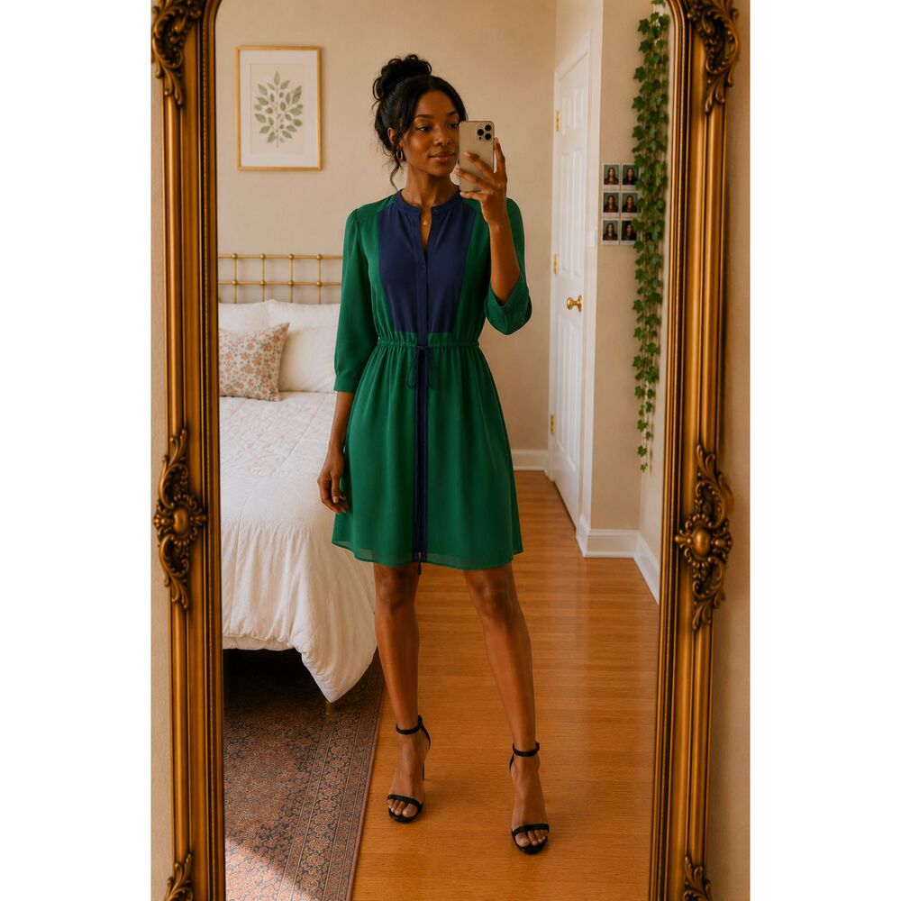 Fossil Rebecca Silk Shirt Dress Green Navy Colorblock Contemporary M NWT